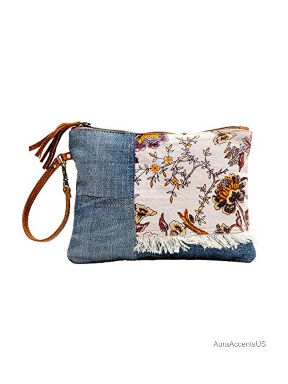 Handcrafted Patchwork Fabric Wristlet Purse with Leather Strap Boho Style